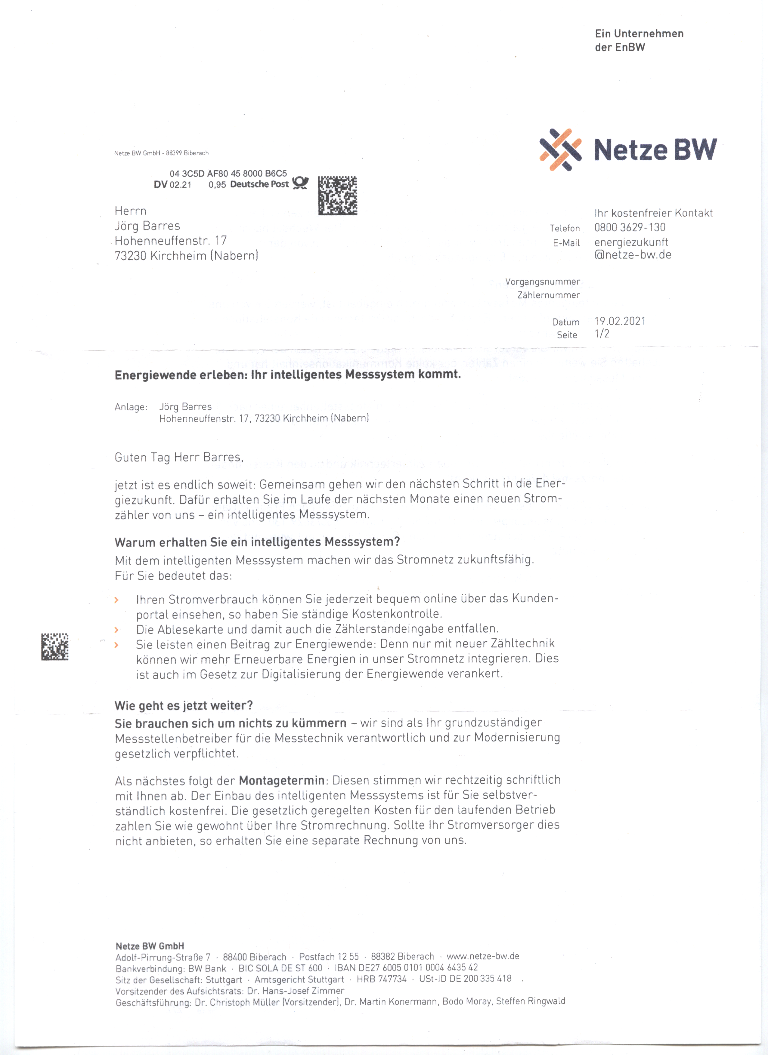 Nachricht über die geplante Umstellung auf ein Smartmeter, Seite 1