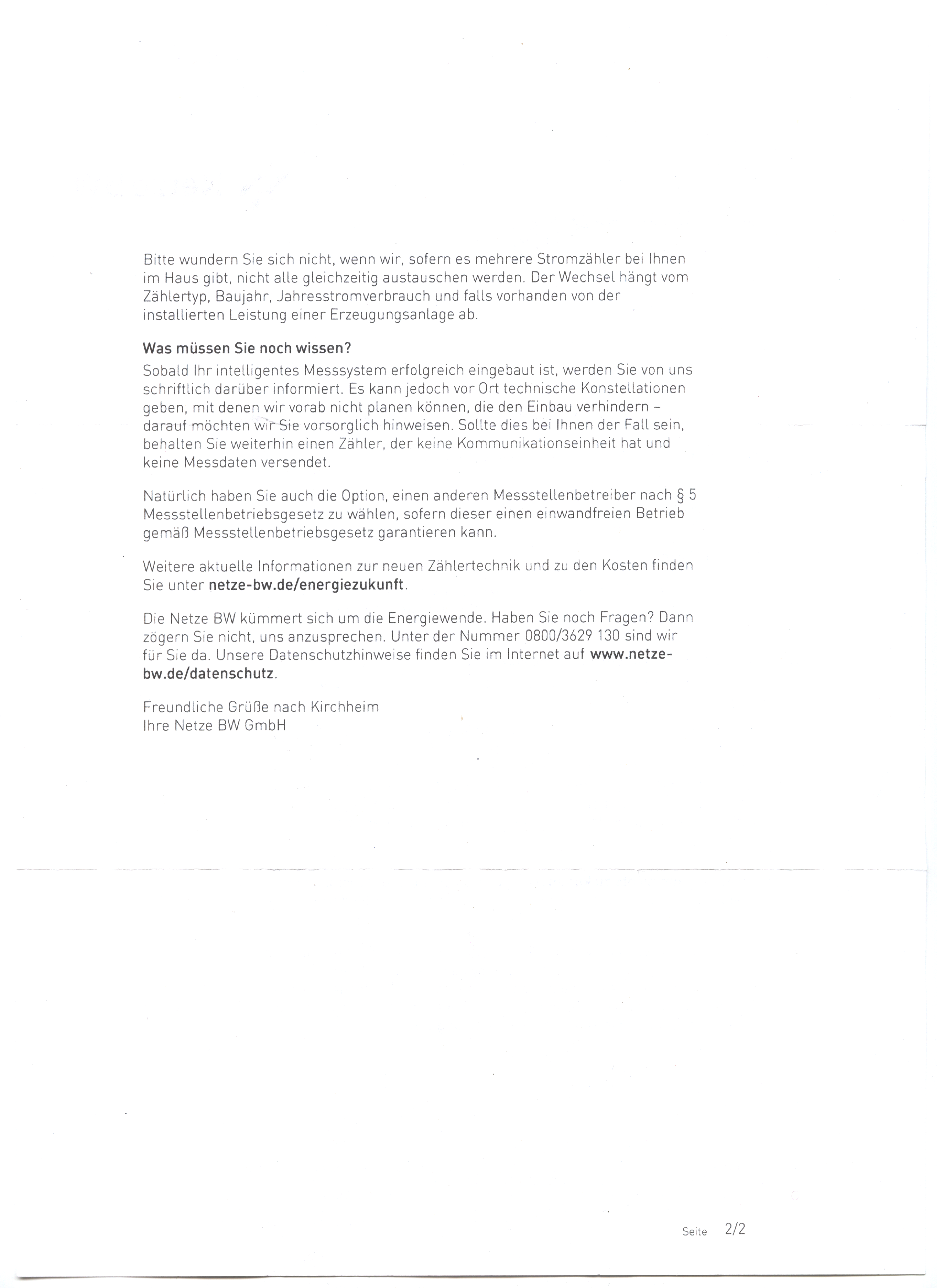 Nachricht über die geplante Umstellung auf ein Smartmeter, Seite 2