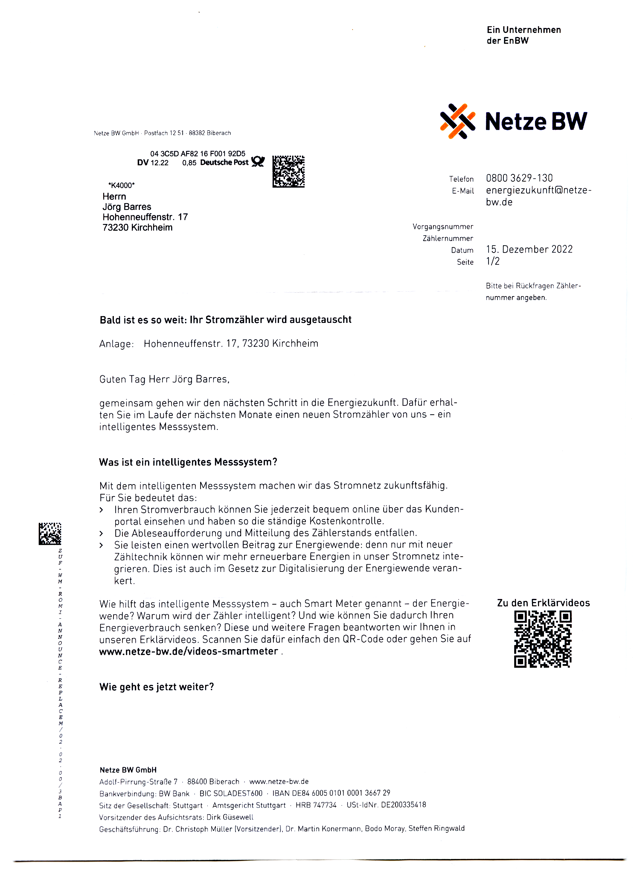 Nachricht über die geplante Umstellung auf ein Smartmeter, Seite 1